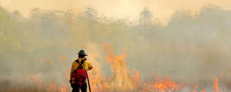 fire with firefighter standing in front of it