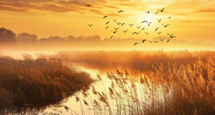 estuary with flying waterfowl