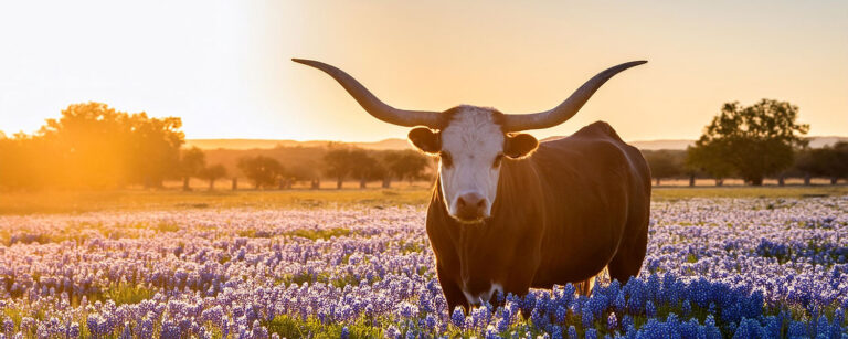 longhorn in field of flowers