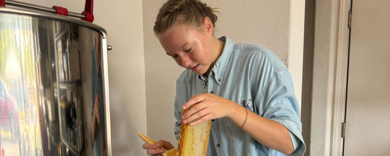 Author at work on her hive