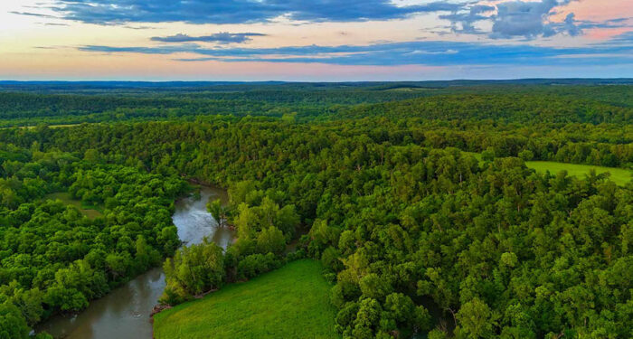 landscape vista of trees with river and creek, large pink light cloud sky