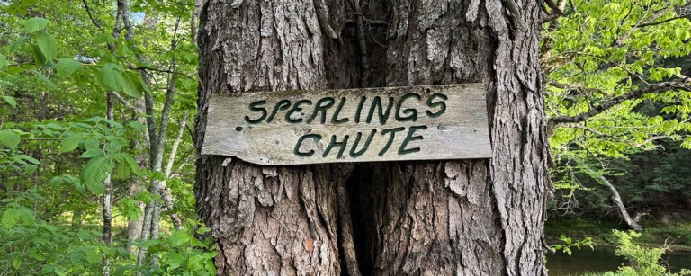Sperling's Chute wooden sign posted to tree names a particular area of a historic fly fishing steam