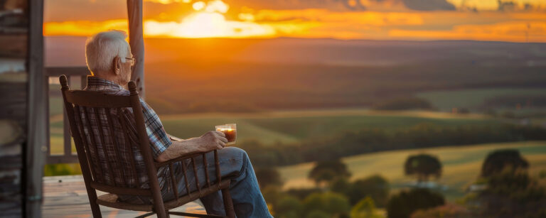 elderly man in his rocking chair overlooking land from atop his perch with sunset