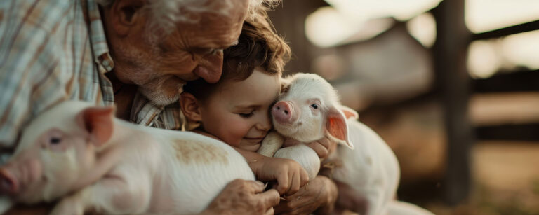 man and toddler giggling together with piglets