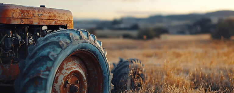 old farm tractor rusting away in a field -side view