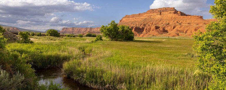 red soil plateau towers over green tall grass meadow with meandering creek