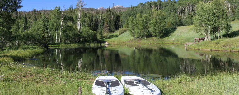 two white paddleboards rest on the grass shores of a mountain lake