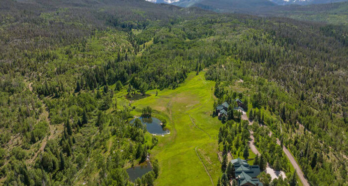 vista overview of homes, improvements and mountain meadow amongst forest with blue sky and mountains as backdrop