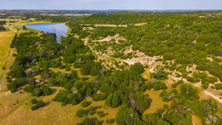 Arial view of ranch with pasture, trees, outcroppings and lake