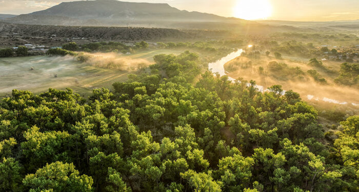 sunset on a curving river bend bottom and trees filling the foreground with a distant plateau