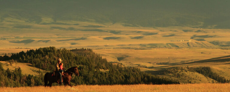 Rider and grandchild in corner of photo riding across high meadow with vistas of orange and blue sky and mountains